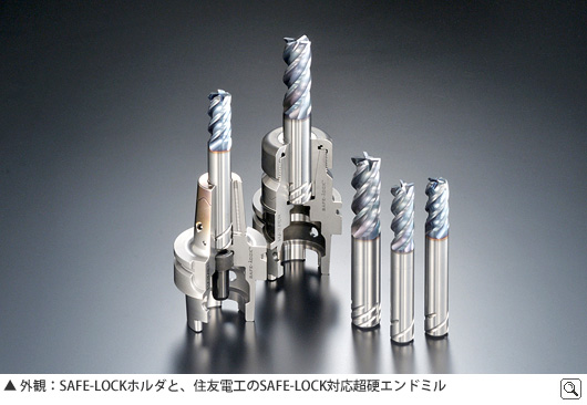 外観:SAFE-LOCKホルダと、住友電工のSAFE-LOCK対応超硬エンドミル