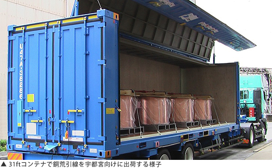 ▲31ftコンテナで銅荒引線を宇都宮向けに出荷する様子